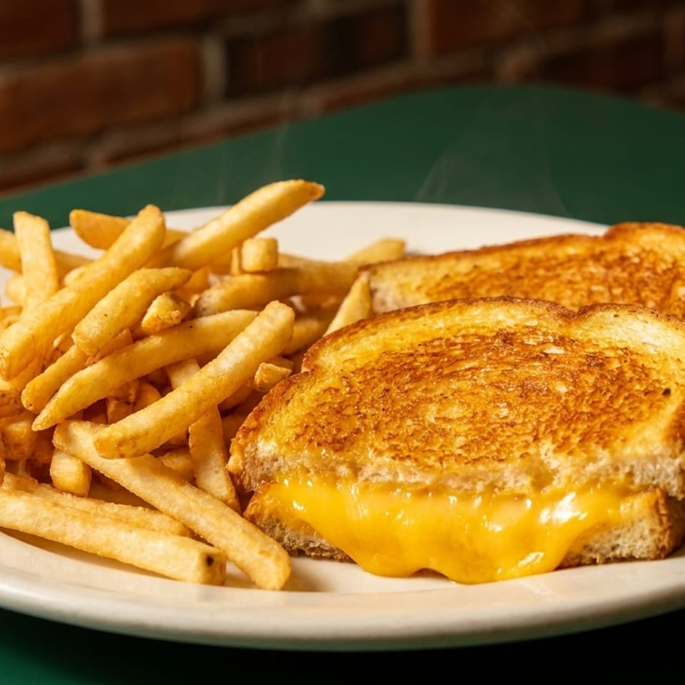 A plate of golden grilled cheese with melted cheddar and a side of crispy french fries.