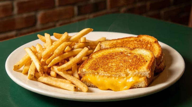 A plate of golden grilled cheese with melted cheddar and a side of crispy french fries.