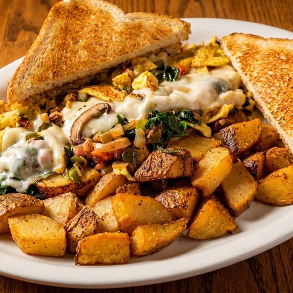 A breakfast plate with scrambled eggs, home fries, sautéed vegetables, melted cheese, and toast.