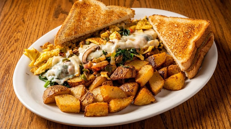 A breakfast plate with scrambled eggs, home fries, sautéed vegetables, melted cheese, and toast.