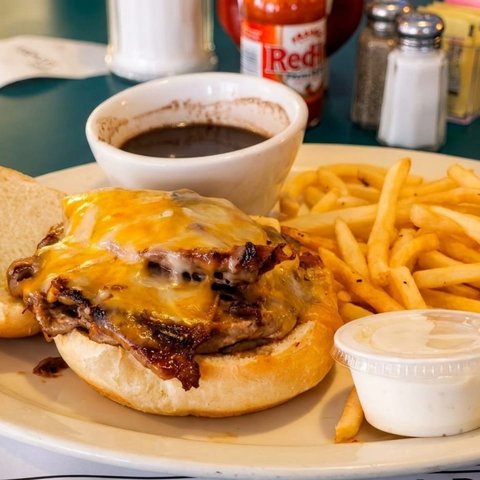 Cheeseburger with melted cheddar, fries, and a side of au jus on a white plate.
