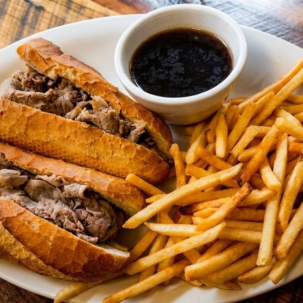 Two French dip sandwiches with a side of fries and a cup of au jus on a white plate.